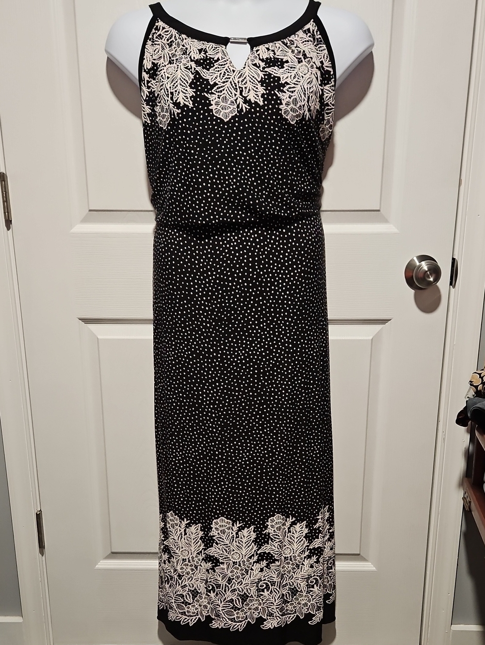Enfocus Studio Black Maxi Dress with White Floral Lace Accents